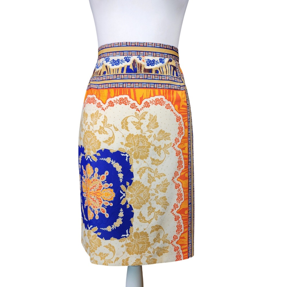 Antonio Melani Scarf Print Pencil Skirt Womens 10 Blue Orange Boho Ornate Office